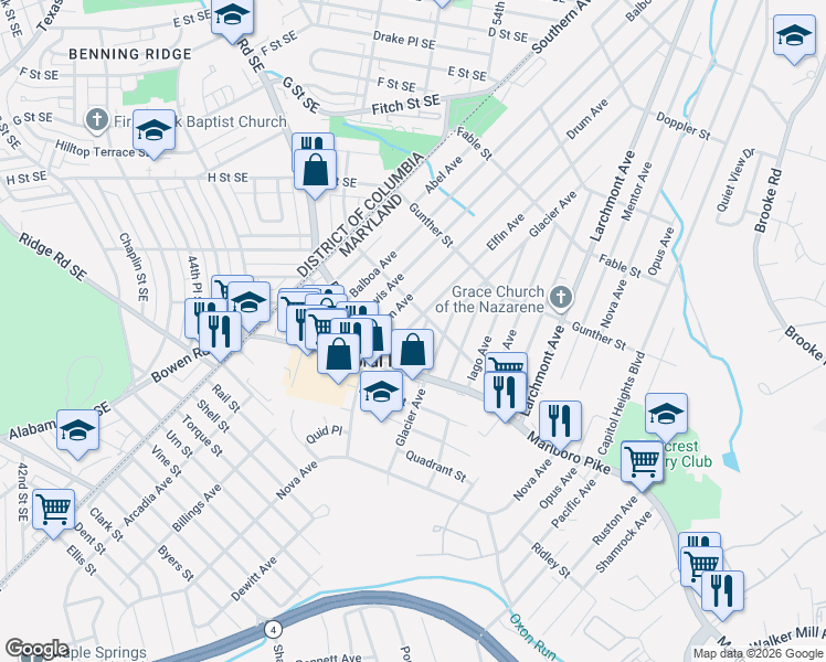 map of restaurants, bars, coffee shops, grocery stores, and more near 1208 Elfin Avenue in Capitol Heights