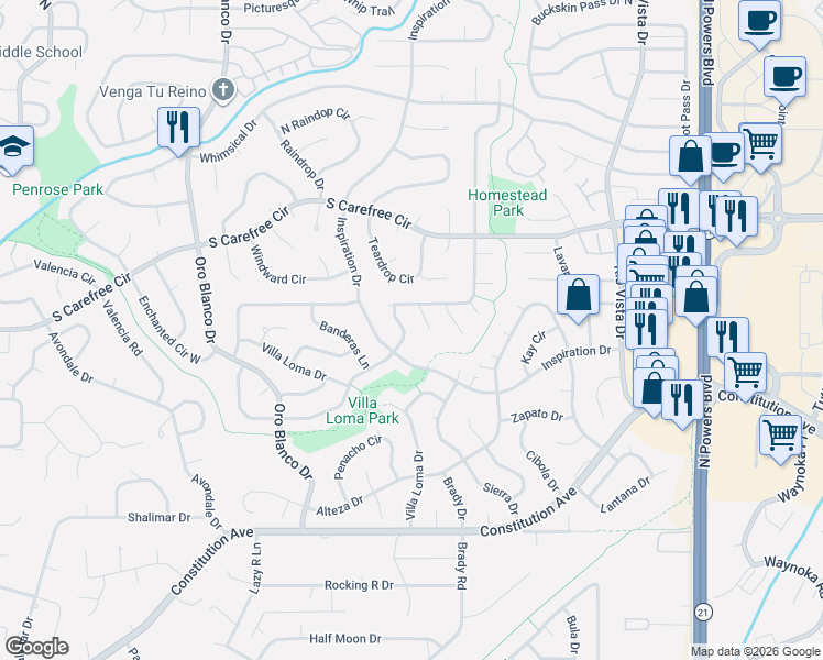 map of restaurants, bars, coffee shops, grocery stores, and more near 5215 Escapardo Way in Colorado Springs