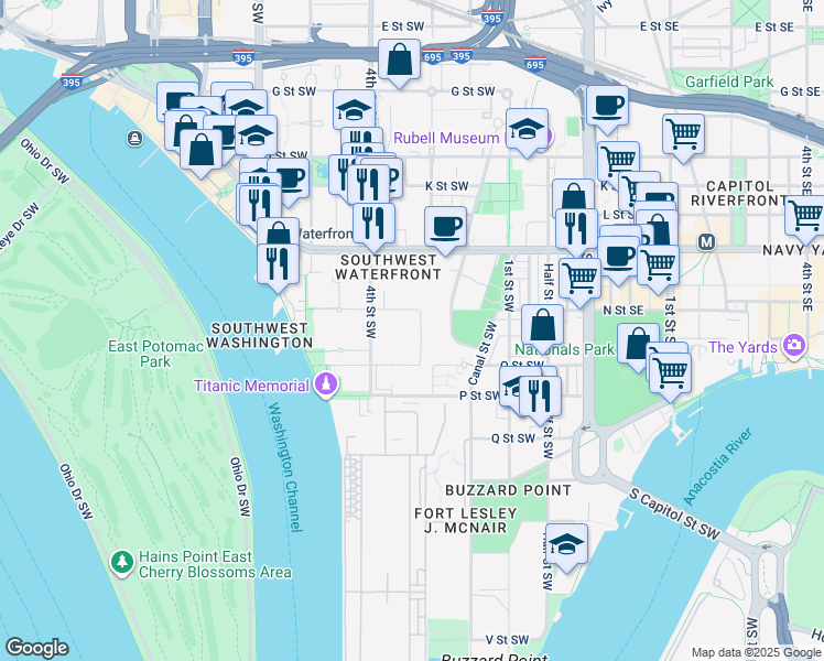 map of restaurants, bars, coffee shops, grocery stores, and more near 310 N Street Southwest in Washington