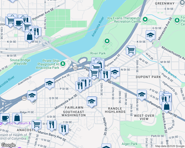 map of restaurants, bars, coffee shops, grocery stores, and more near 101 Independence Avenue Southeast in Washington