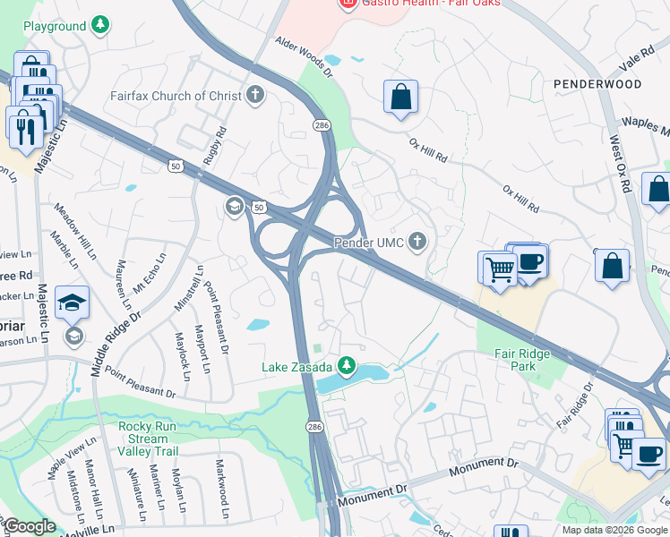 map of restaurants, bars, coffee shops, grocery stores, and more near 4012 Timber Oak Trail in Fairfax