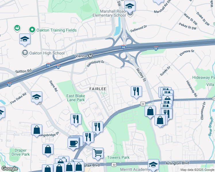map of restaurants, bars, coffee shops, grocery stores, and more near 9542 Canonbury Square in Fairfax