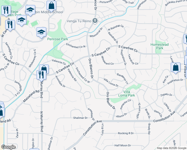 map of restaurants, bars, coffee shops, grocery stores, and more near 2935 Oro Blanco Drive in Colorado Springs