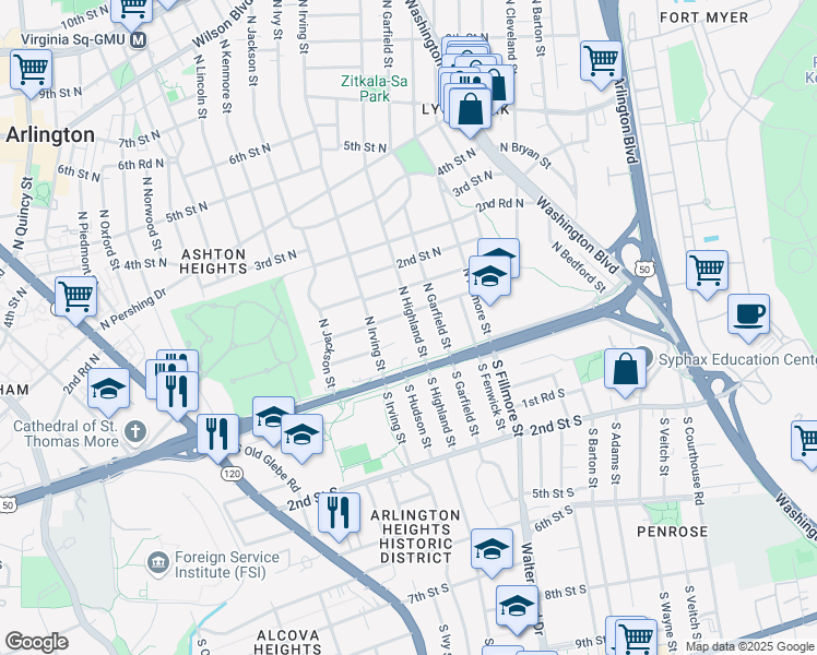 map of restaurants, bars, coffee shops, grocery stores, and more near 34 North Highland Street in Arlington