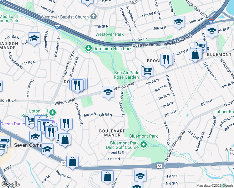 map of restaurants, bars, coffee shops, grocery stores, and more near 5910 Wilson Boulevard in Arlington