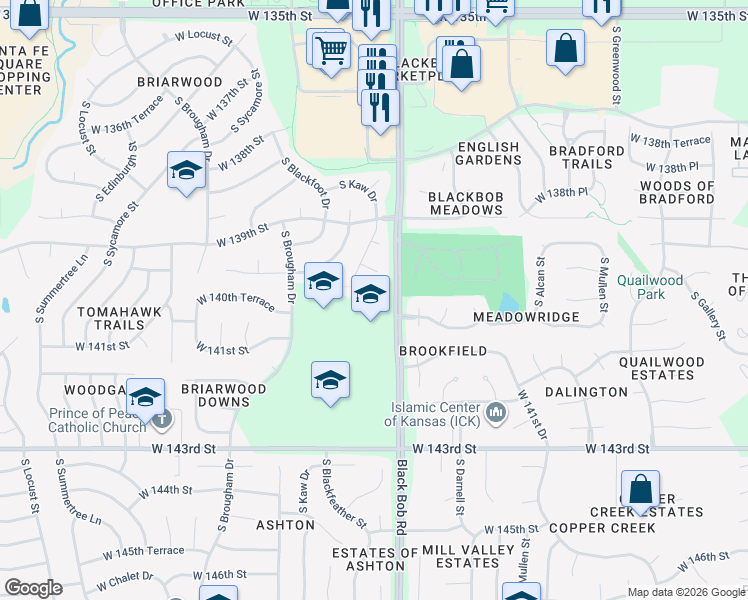 map of restaurants, bars, coffee shops, grocery stores, and more near 14030 South Black Bob Road in Olathe