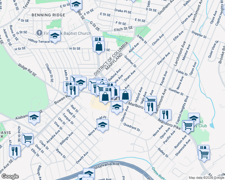 map of restaurants, bars, coffee shops, grocery stores, and more near 1244 Benning Road in Capitol Heights