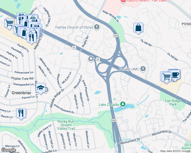 map of restaurants, bars, coffee shops, grocery stores, and more near 4025 Dogberry Lane in Fairfax