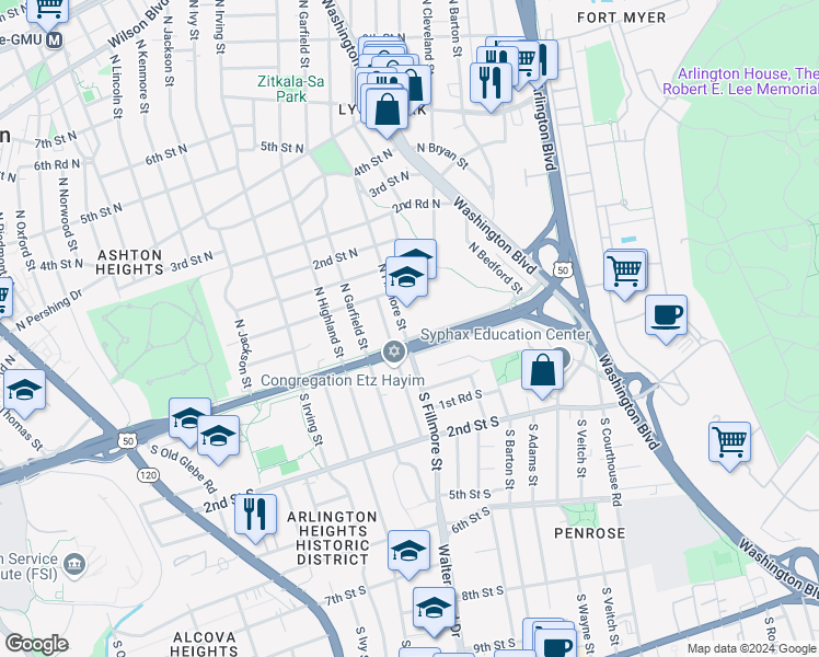 map of restaurants, bars, coffee shops, grocery stores, and more near 2811 Arlington Boulevard in Arlington
