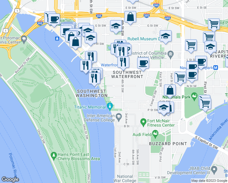 map of restaurants, bars, coffee shops, grocery stores, and more near 510 N Street Southwest in Washington