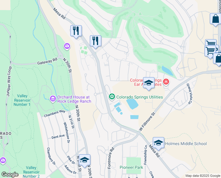 map of restaurants, bars, coffee shops, grocery stores, and more near 2945 Mesa Road in Colorado Springs