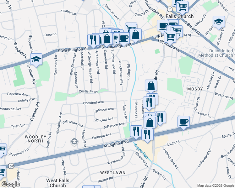 map of restaurants, bars, coffee shops, grocery stores, and more near 2845 Summerfield Road in Falls Church