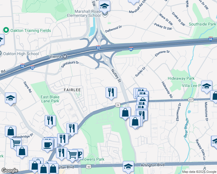 map of restaurants, bars, coffee shops, grocery stores, and more near 2975 Hunters Branch Road in Fairfax