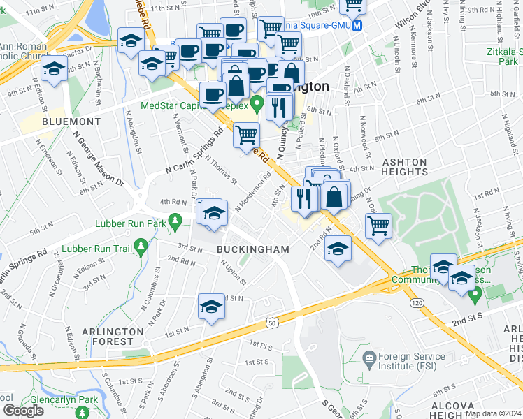 map of restaurants, bars, coffee shops, grocery stores, and more near 400 North Thomas Street in Arlington