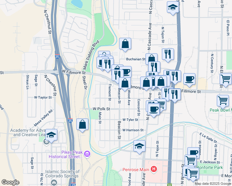 map of restaurants, bars, coffee shops, grocery stores, and more near 2914 Beacon Street in Colorado Springs