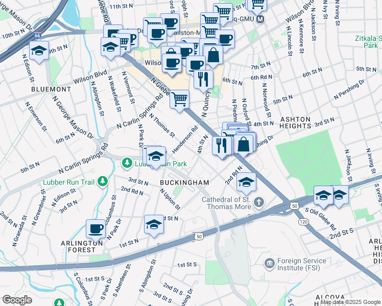 map of restaurants, bars, coffee shops, grocery stores, and more near 400 North Thomas Street in Arlington
