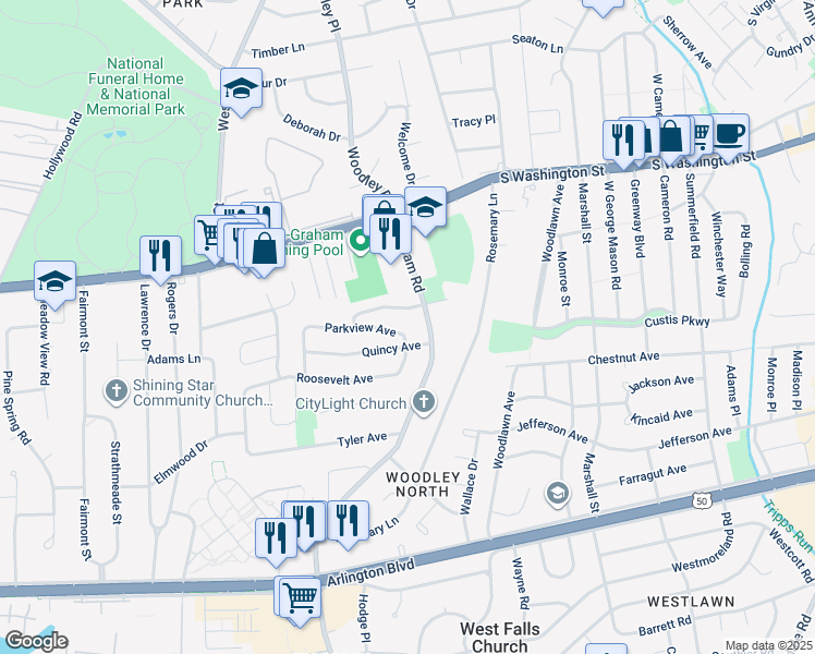 map of restaurants, bars, coffee shops, grocery stores, and more near 7128 Parkview Avenue in Falls Church
