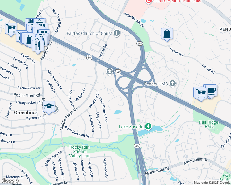 map of restaurants, bars, coffee shops, grocery stores, and more near 4025 Dogberry Lane in Fairfax