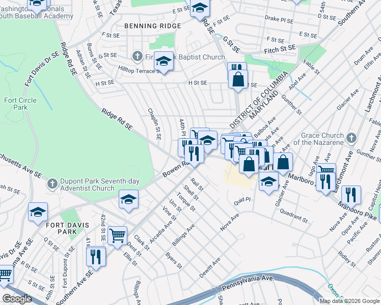 map of restaurants, bars, coffee shops, grocery stores, and more near 1319 45th Place Southeast in Washington