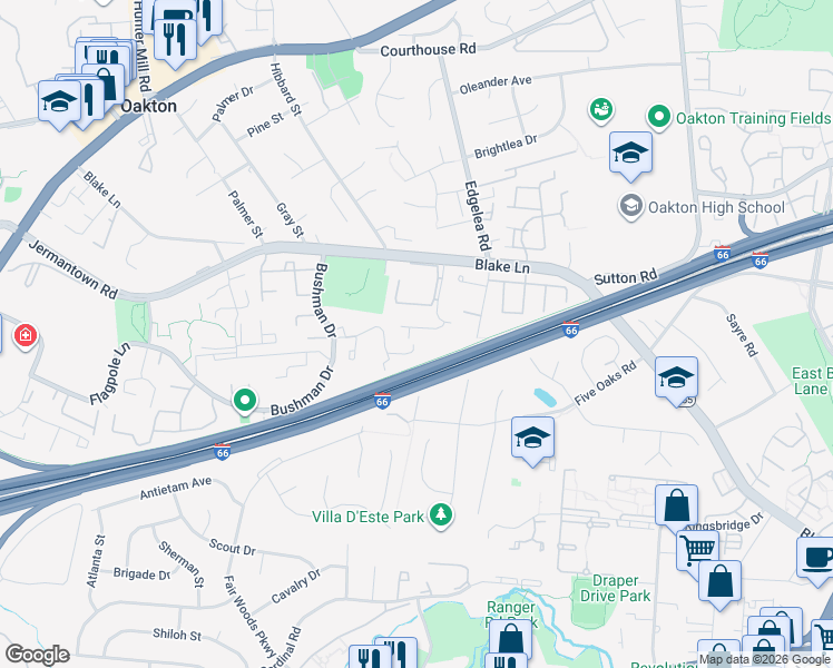 map of restaurants, bars, coffee shops, grocery stores, and more near 9977 Cyrandall Drive in Oakton
