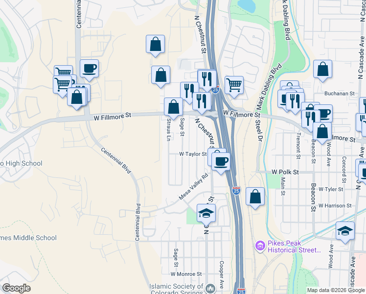 map of restaurants, bars, coffee shops, grocery stores, and more near 2905 Sage Street in Colorado Springs