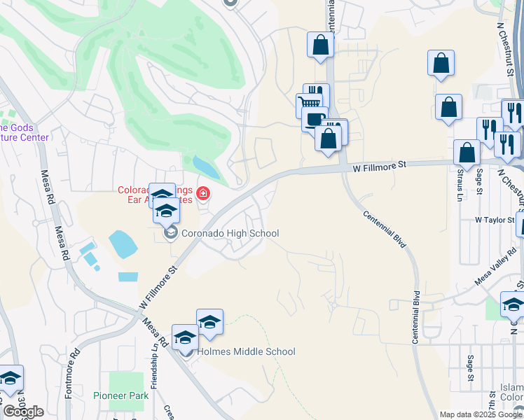 map of restaurants, bars, coffee shops, grocery stores, and more near 2630 Grand Vista Circle in Colorado Springs