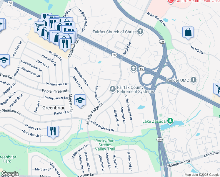 map of restaurants, bars, coffee shops, grocery stores, and more near 4107 Mount Echo Lane in Fairfax