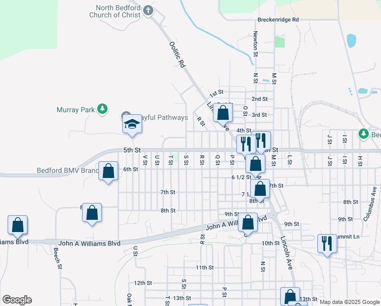 map of restaurants, bars, coffee shops, grocery stores, and more near 506 S Street in Bedford