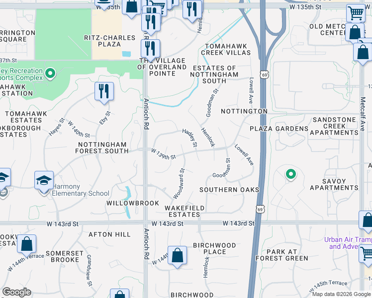 map of restaurants, bars, coffee shops, grocery stores, and more near 13831 Woodward Street in Overland Park