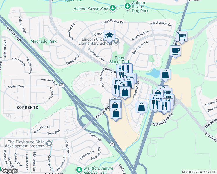map of restaurants, bars, coffee shops, grocery stores, and more near 960 Sierra View Circle in Lincoln