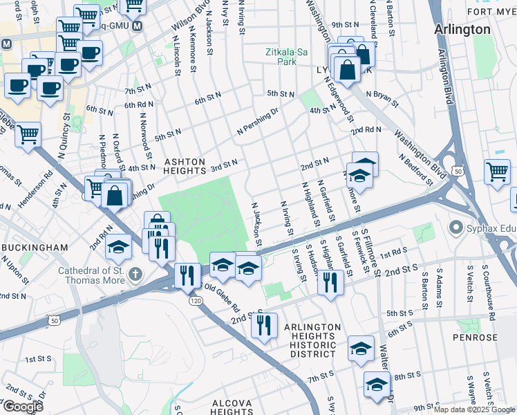 map of restaurants, bars, coffee shops, grocery stores, and more near 107 North Jackson Street in Arlington