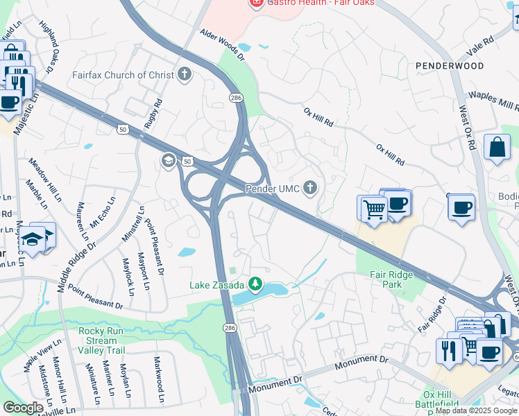 map of restaurants, bars, coffee shops, grocery stores, and more near 4032 Pender Ridge Terrace in Fairfax