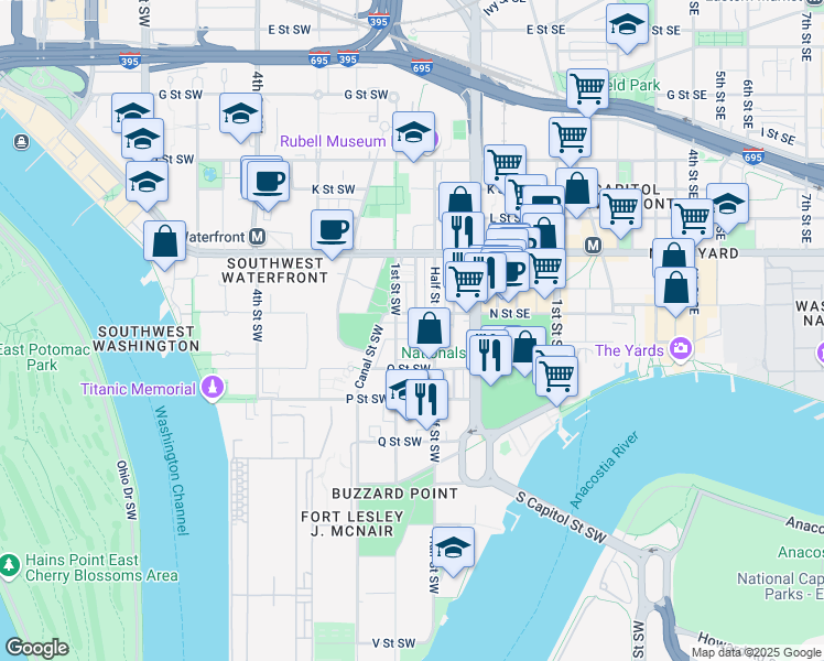 map of restaurants, bars, coffee shops, grocery stores, and more near 1324 First Street Southwest in Washington