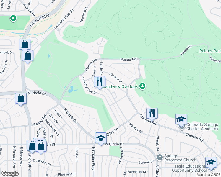 map of restaurants, bars, coffee shops, grocery stores, and more near 2929 Marilyn Road in Colorado Springs