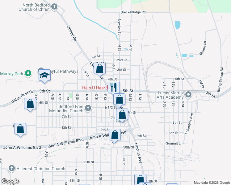 map of restaurants, bars, coffee shops, grocery stores, and more near 515 Lincoln Avenue in Bedford