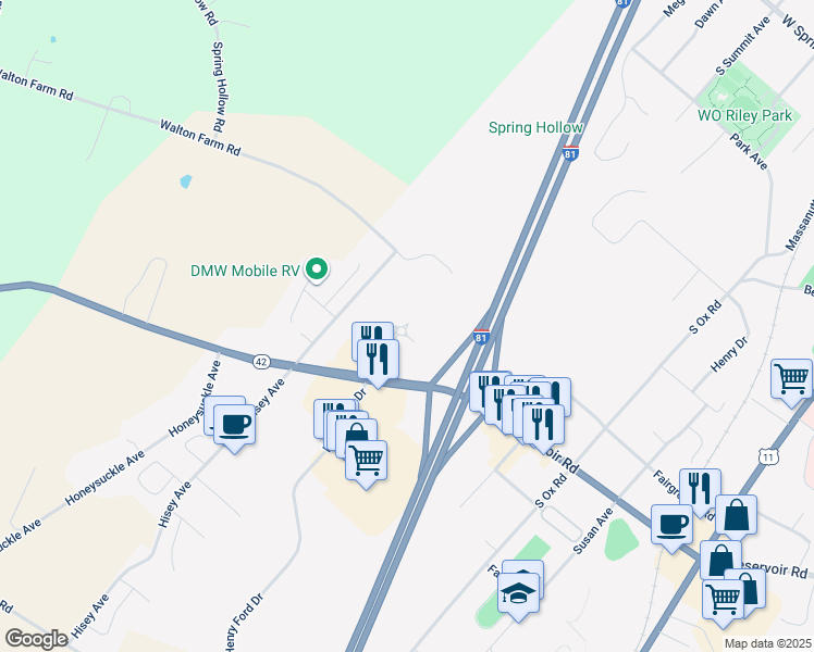 map of restaurants, bars, coffee shops, grocery stores, and more near Woodstock Commons Drive in Woodstock