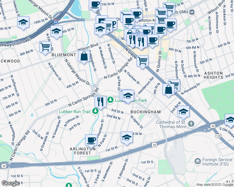 map of restaurants, bars, coffee shops, grocery stores, and more near 4500 4th Road North in Arlington
