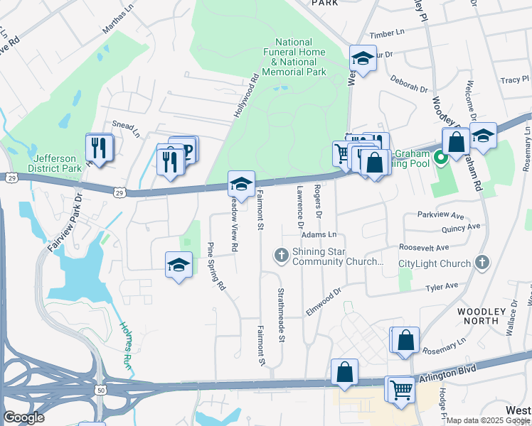 map of restaurants, bars, coffee shops, grocery stores, and more near 2853 Fairmont Street in Falls Church