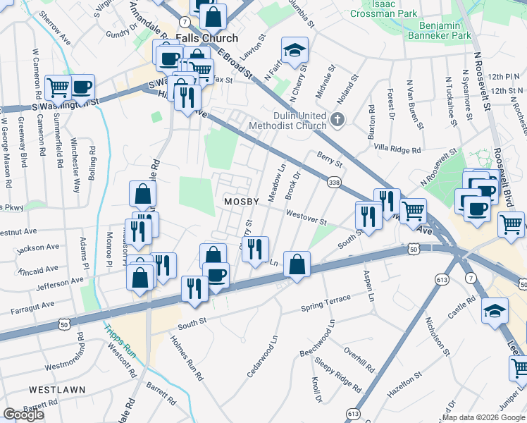 map of restaurants, bars, coffee shops, grocery stores, and more near 2846 Meadow Lane in Falls Church