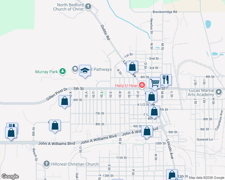 map of restaurants, bars, coffee shops, grocery stores, and more near 506 S Street in Bedford