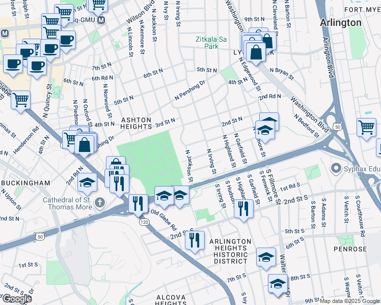 map of restaurants, bars, coffee shops, grocery stores, and more near 107 North Jackson Street in Arlington