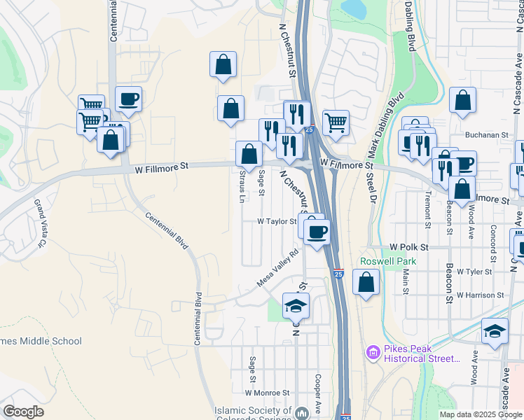 map of restaurants, bars, coffee shops, grocery stores, and more near 2905 Sage Street in Colorado Springs