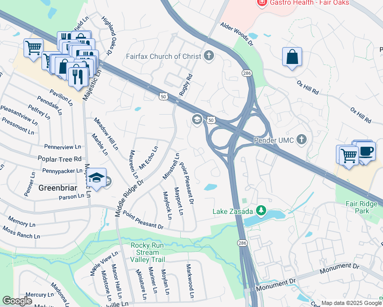map of restaurants, bars, coffee shops, grocery stores, and more near 4006 Dogberry Lane in Fairfax