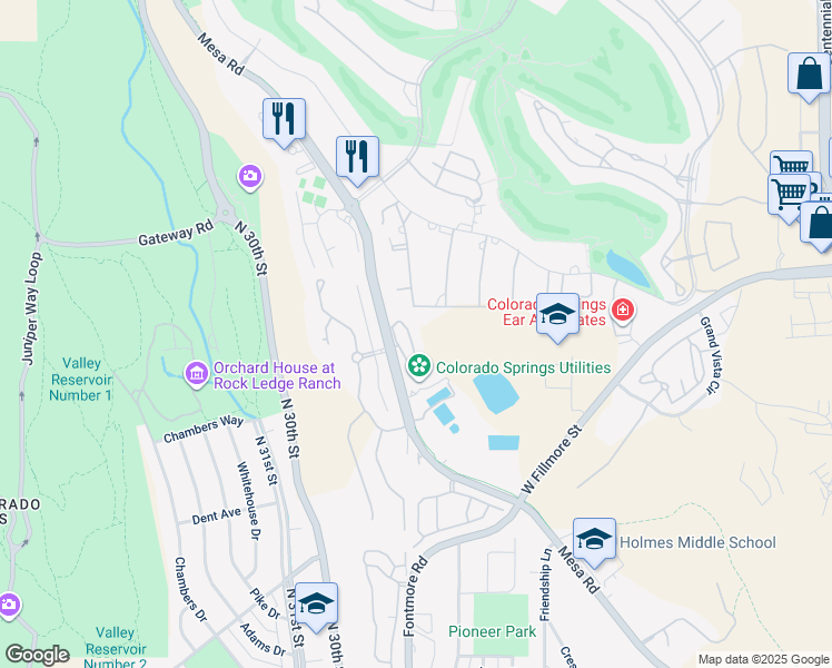 map of restaurants, bars, coffee shops, grocery stores, and more near 2945 Mesa Road in Colorado Springs