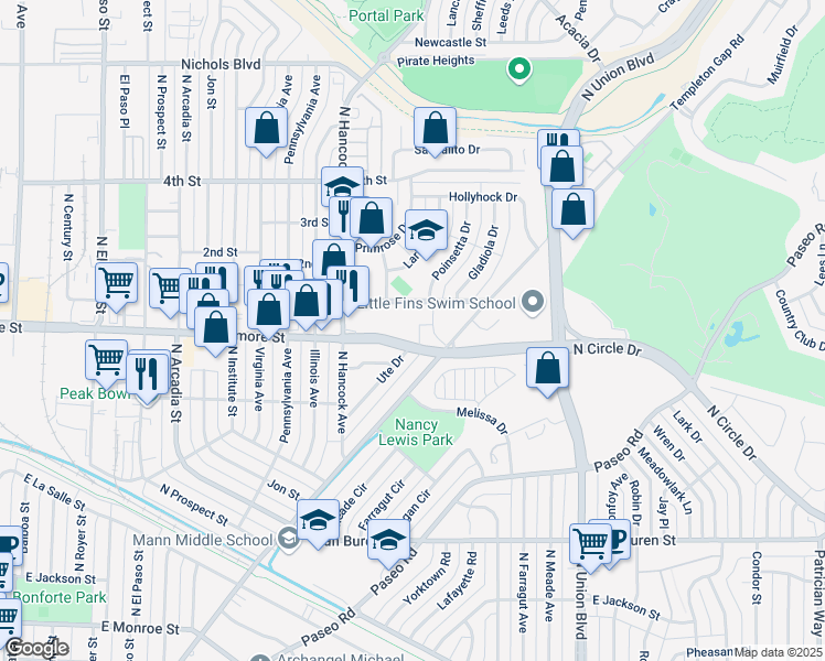 map of restaurants, bars, coffee shops, grocery stores, and more near 1340 East Fillmore Street in Colorado Springs