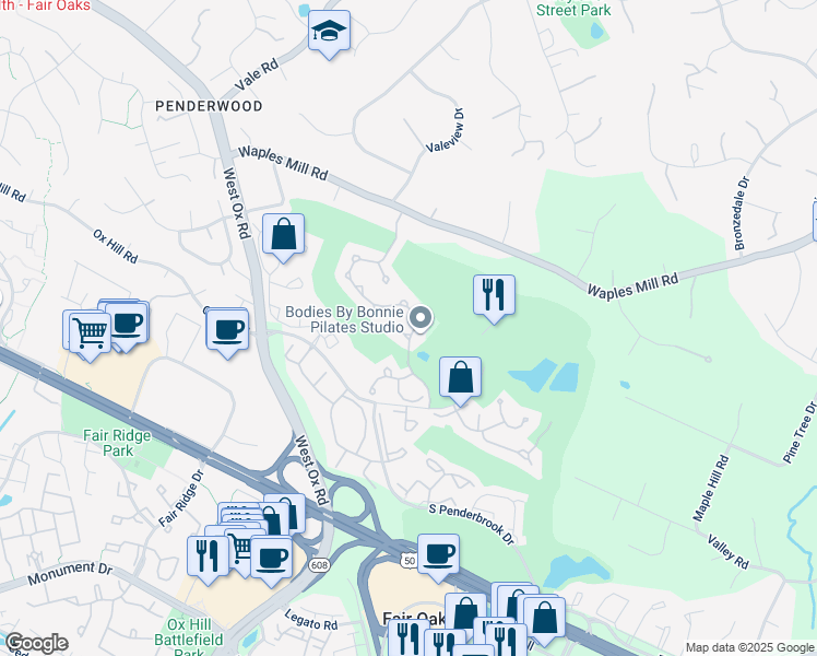 map of restaurants, bars, coffee shops, grocery stores, and more near 12000 Calie Court in Fairfax