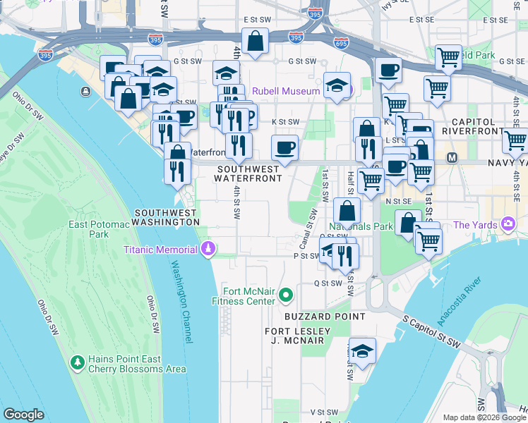 map of restaurants, bars, coffee shops, grocery stores, and more near 101 Independence Avenue Southeast in Washington