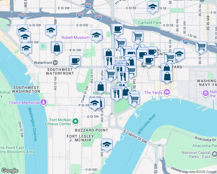 map of restaurants, bars, coffee shops, grocery stores, and more near 1319 South Capitol Street Southwest in Washington