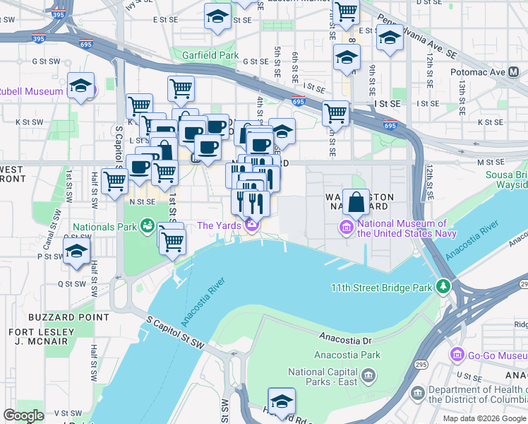 map of restaurants, bars, coffee shops, grocery stores, and more near 1346 4th Street Southeast in Washington