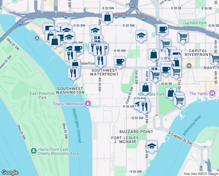 map of restaurants, bars, coffee shops, grocery stores, and more near 332 N Street Southwest in Washington